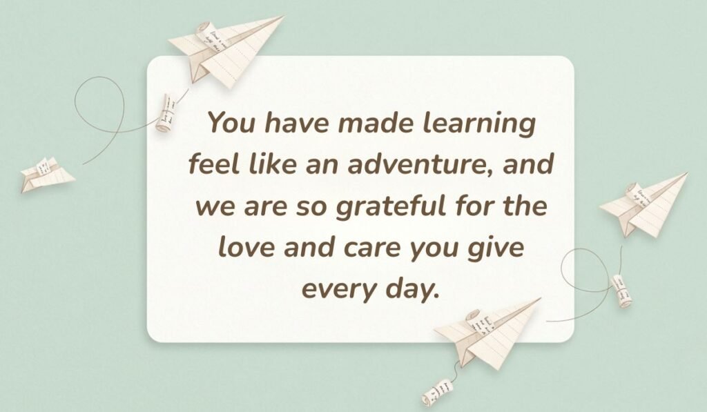 alt="Mint green card design with paper airplanes featuring a thank you message for nursery teacher reading, 'You have made learning feel like an adventure, and we are so grateful for the love and care you give every day.'"
