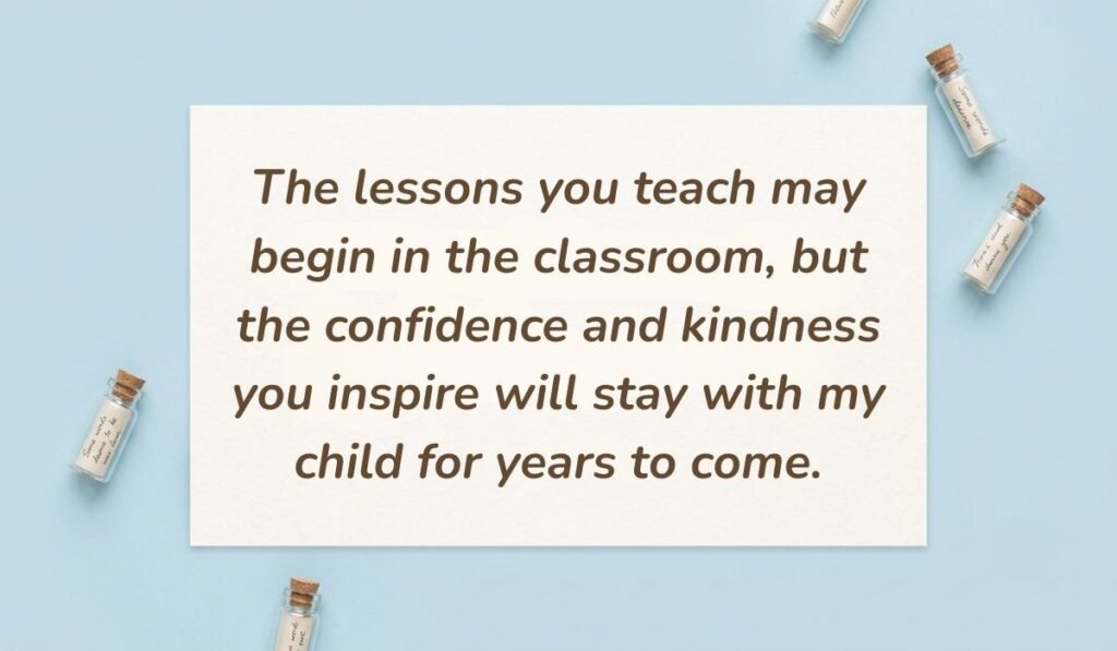 alt="Soft blue flat lay with tiny glass message bottles displaying a thank you message for nursery teacher reading, 'The lessons you teach may begin in the classroom, but the confidence and kindness you inspire will stay with my child for years to come.'"
