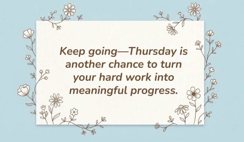 Light blue card with floral line-art borders displaying thursday motivational quotes for work reading, "Keep going—Thursday is another chance to turn your hard work into meaningful progress."