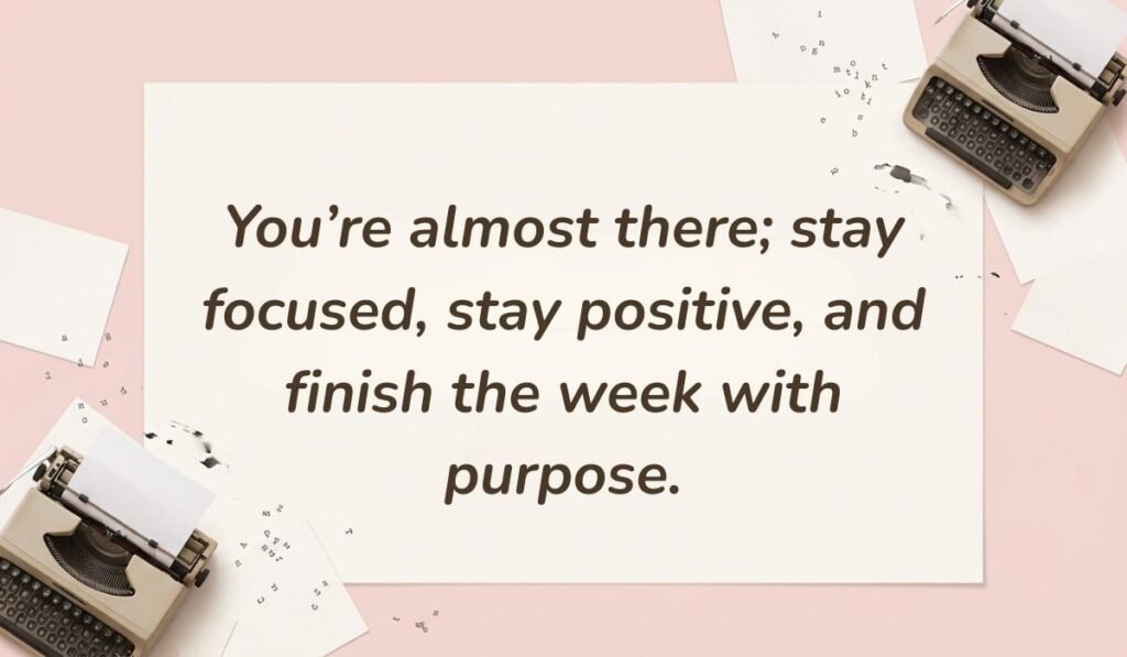 Soft pink background with vintage typewriters featuring thursday motivational quotes for work reading, "You're almost there; stay focused, stay positive, and finish the week with purpose."