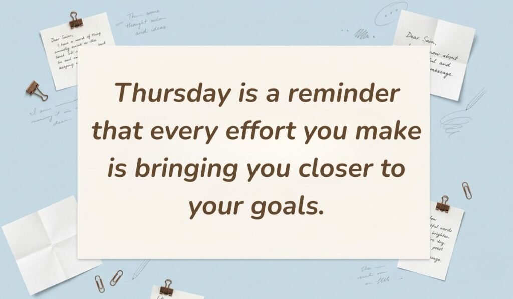 Light blue stationery flat lay with memo notes showing thursday motivational quotes for work reading, "Thursday is a reminder that every effort you make is bringing you closer to your goals."