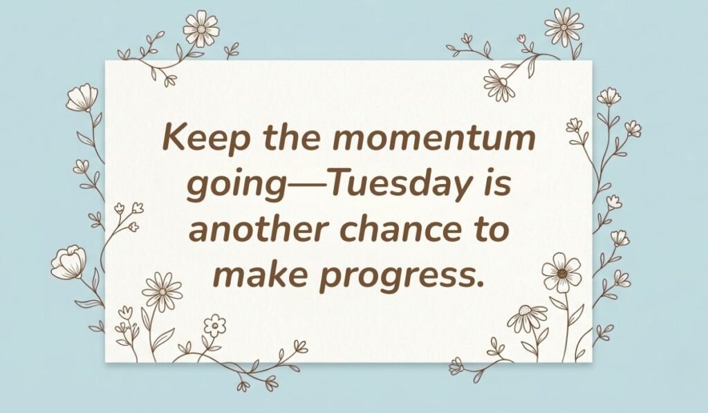 Light blue card with floral line-art borders displaying tuesday motivational quotes for work reading, "Keep the momentum going—Tuesday is another chance to make progress."