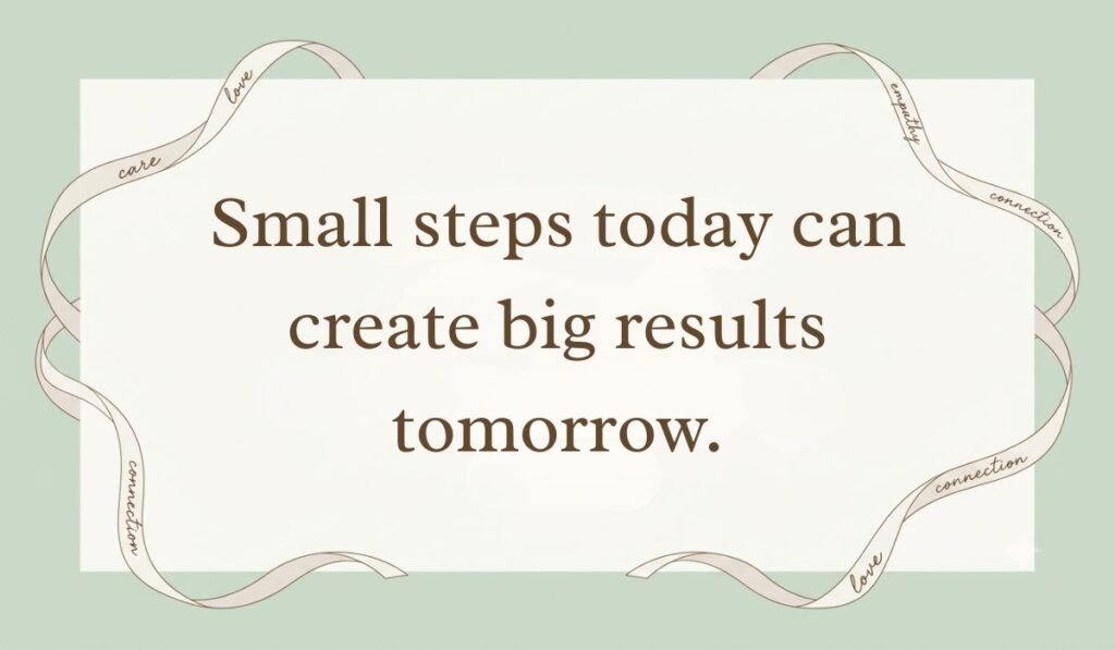 Sage green card layout framed with decorative ribbons displaying tuesday motivational quotes for work reading, "Small steps today can create big results tomorrow."