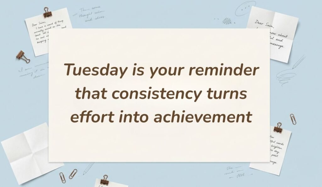 Light blue stationery flat lay with memo notes showing tuesday motivational quotes for work reading, "Tuesday is your reminder that consistency turns effort into achievement"