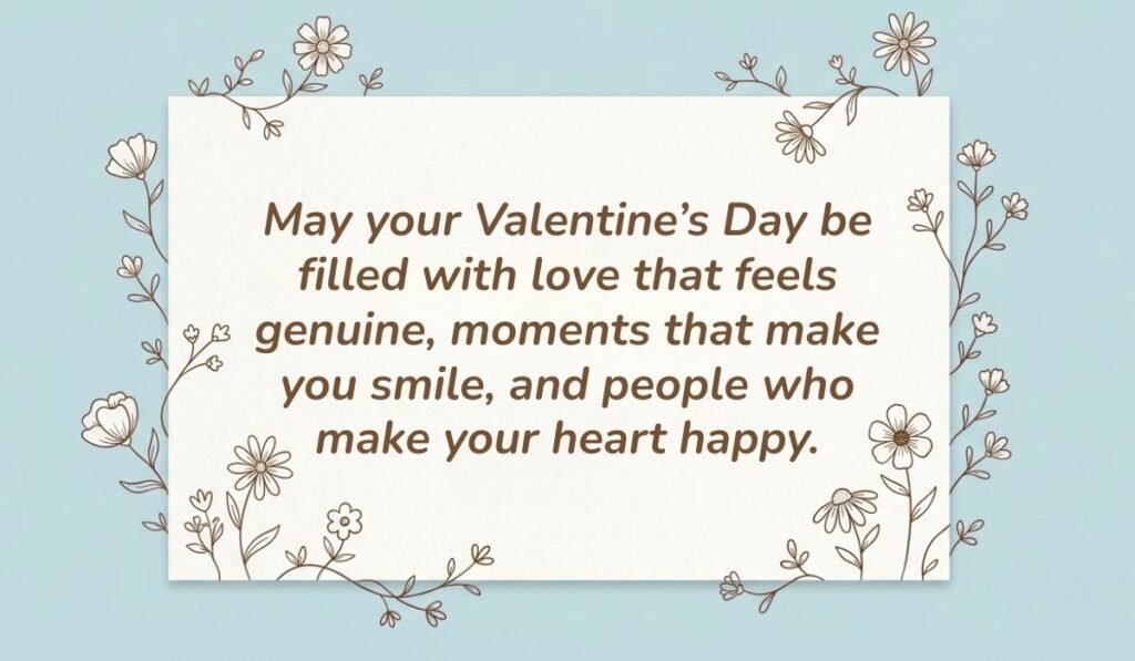 Light blue card with floral line-art borders sharing valentine day wishes for everyone reading, "May your Valentine’s Day be filled with love that feels genuine, moments that make you smile, and people who make your heart happy."