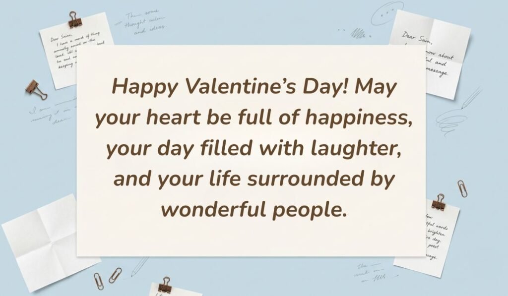 Light blue desk setup with memo notes showcasing valentine day wishes for everyone reading, "Happy Valentine’s Day! May your heart be full of happiness, your day filled with laughter, and your life surrounded by wonderful people."