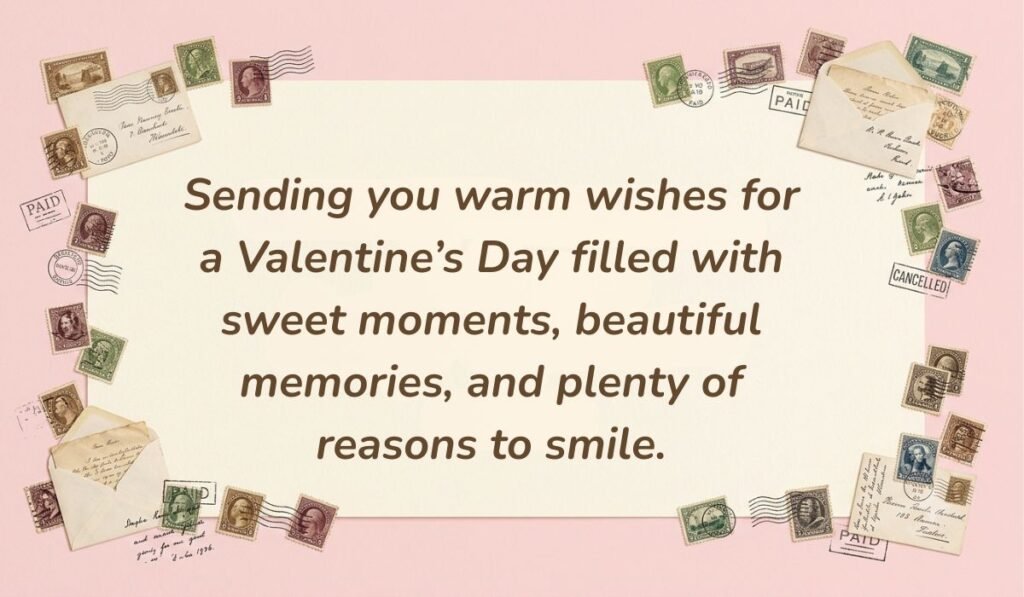 Soft pink background surrounded by vintage postage stamps showing valentine day wishes for everyone reading, "Sending you warm wishes for a Valentine’s Day filled with sweet moments, beautiful memories, and plenty of reasons to smile."