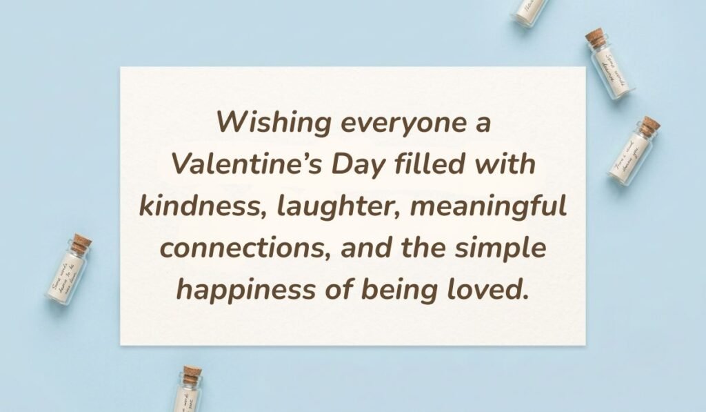 Light blue flat lay with mini glass message bottles featuring valentine day wishes for everyone reading, "Wishing everyone a Valentine’s Day filled with kindness, laughter, meaningful connections, and the simple happiness of being loved."