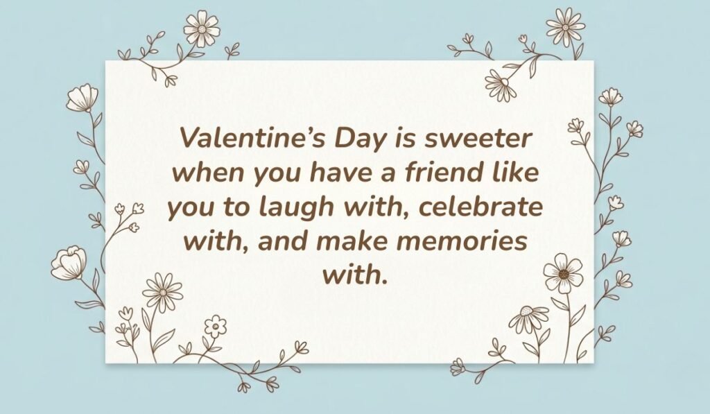 Light blue card with floral line-art borders displaying valentine's day quotes for friends reading, "Valentine’s Day is sweeter when you have a friend like you to laugh with, celebrate with, and make memories with."