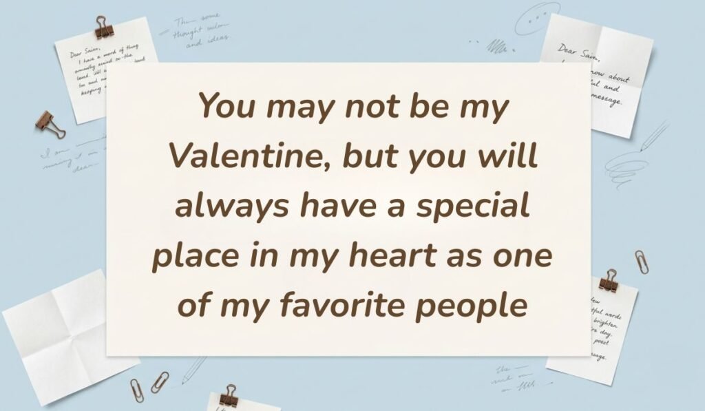 Light blue stationery flat lay with memo notes showing valentine's day quotes for friends reading, "You may not be my Valentine, but you will always have a special place in my heart as one of my favorite people"