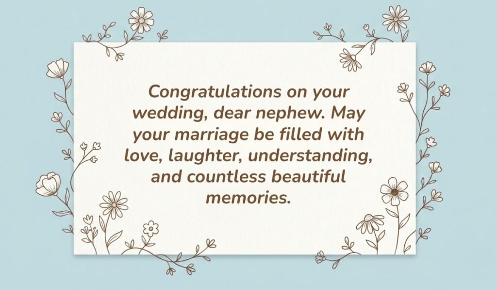 Light blue card with floral line-art borders displaying wedding wishes and messages for nephew reading, "Congratulations on your wedding, dear nephew. May your marriage be filled with love, laughter, understanding, and countless beautiful memories."