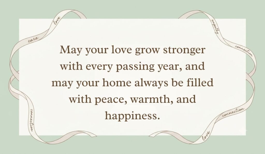 Sage green card layout framed with decorative ribbons displaying wedding wishes and messages for nephew reading, "May your love grow stronger with every passing year, and may your home always be filled with peace, warmth, and happiness."