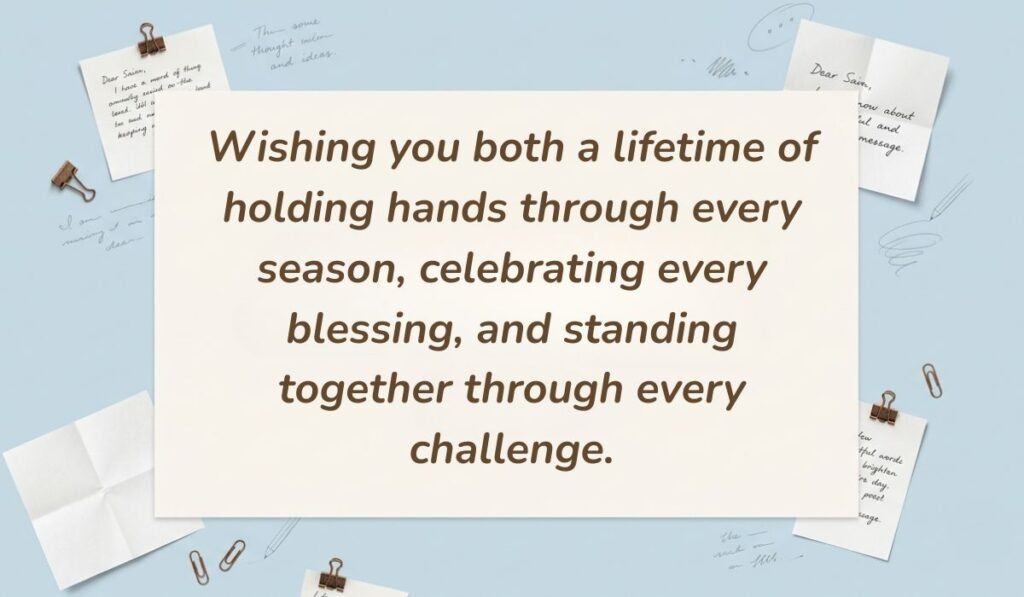 Light blue stationery flat lay with memo notes showing wedding wishes and messages for nephew reading, "Wishing you both a lifetime of holding hands through every season, celebrating every blessing, and standing together through every challenge."