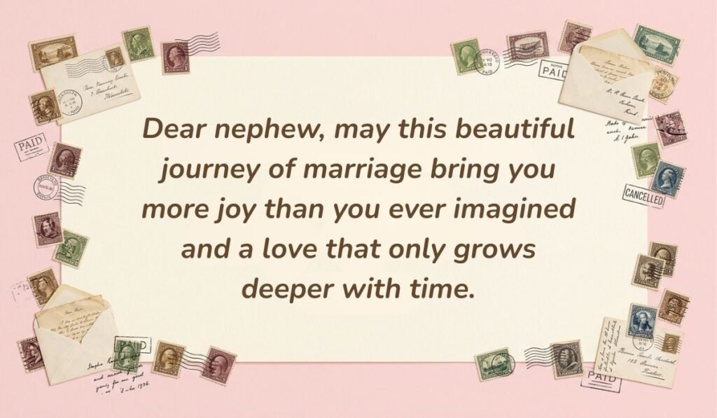 Soft pink card layout framed with vintage postage stamps displaying wedding wishes and messages for nephew reading, "Dear nephew, may this beautiful journey of marriage bring you more joy than you ever imagined and a love that only grows deeper with time."