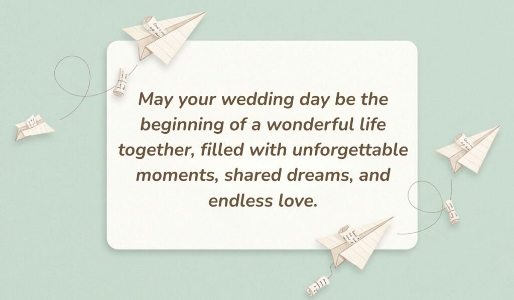 Mint green background with paper airplanes featuring wedding wishes and messages for nephew reading, "May your wedding day be the beginning of a wonderful life together, filled with unforgettable moments, shared dreams, and endless love."