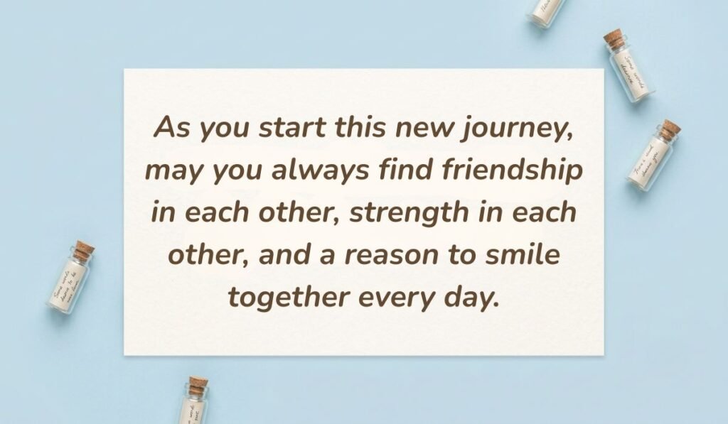 Light blue flat lay with mini glass message bottles showing wedding wishes and messages for nephew reading, "As you start this new journey, may you always find friendship in each other, strength in each other, and a reason to smile together every day."