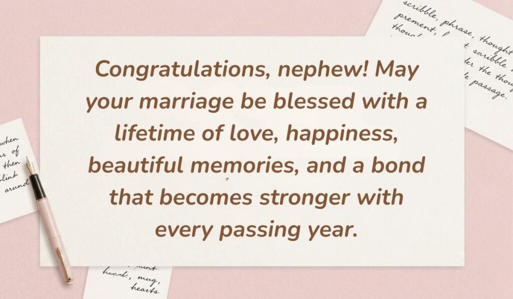 Soft pink desk background with a fountain pen and handwritten notes displaying wedding wishes and messages for nephew reading, "Congratulations, nephew! May your marriage be blessed with a lifetime of love, happiness, beautiful memories, and a bond that becomes stronger with every passing year."