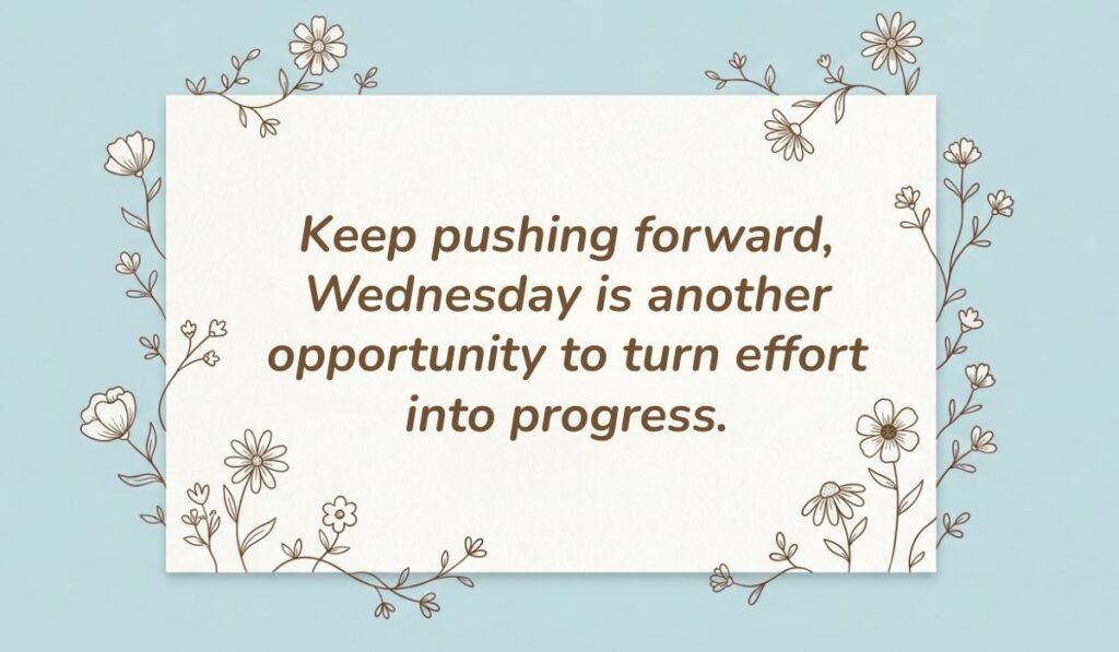 Light blue card with floral line-art borders displaying wednesday motivational quotes for work reading, "Keep pushing forward, Wednesday is another opportunity to turn effort into progress."