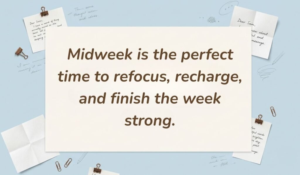 Light blue stationery flat lay with memo notes showing wednesday motivational quotes for work reading, "Midweek is the perfect time to refocus, recharge, and finish the week strong."