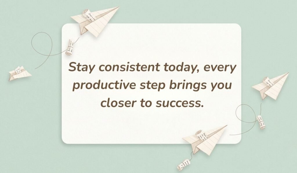 Mint green background with paper airplanes featuring wednesday motivational quotes for work reading, "Stay consistent today, every productive step brings you closer to success."