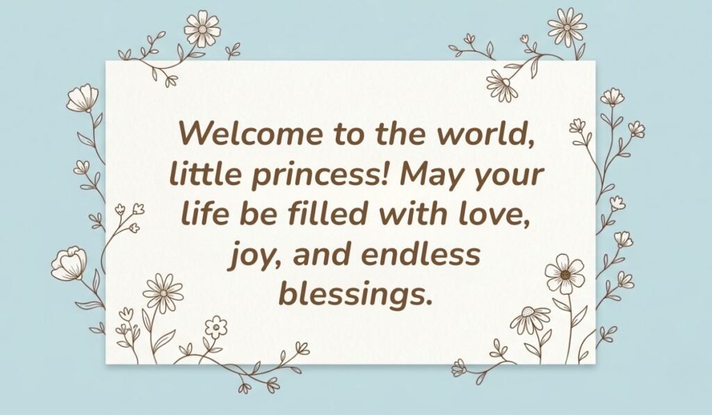 Light blue card with floral line-art borders displaying wishes for new born baby girl reading, "Welcome to the world, little princess! May your life be filled with love, joy, and endless blessings."