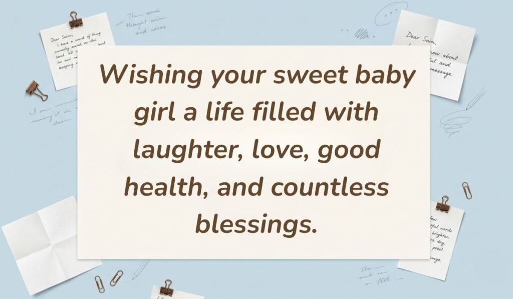 Light blue stationery flat lay with memo notes showing wishes for new born baby girl reading, "Wishing your sweet baby girl a life filled with laughter, love, good health, and countless blessings."