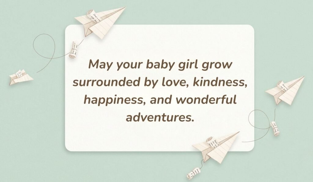 Mint green background with paper airplanes featuring wishes for new born baby girl reading, "May your baby girl grow surrounded by love, kindness, happiness, and wonderful adventures."