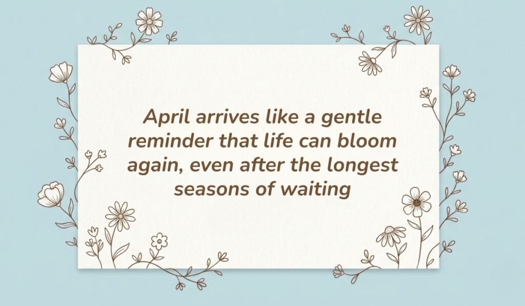 Soft light blue background with a white card framed by delicate floral line art displaying parents quotes reading, "April arrives like a gentle reminder that life can bloom again, even after the longest seasons of waiting"