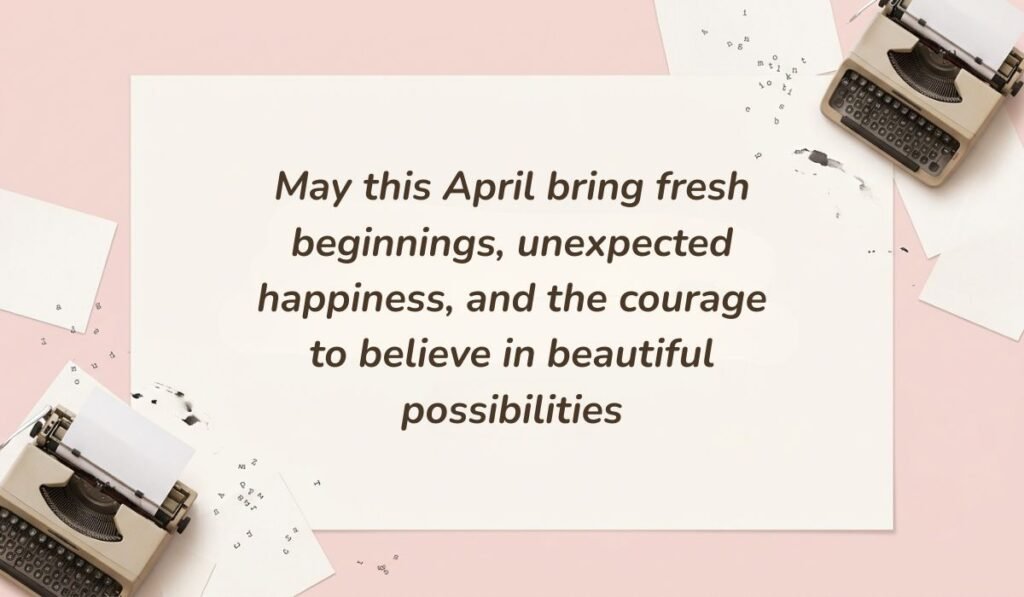 Blush pink workspace background with vintage typewriters and typed paper slips featuring parents quotes stating, "May this April bring fresh beginnings, unexpected happiness, and the courage to believe in beautiful possibilities"