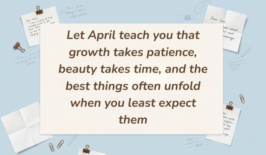 Light blue workspace layout decorated with pinned handwritten notes and paperclips showcasing parents quotes stating, "Let April teach you that growth takes patience, beauty takes time, and the best things often unfold when you least expect them"