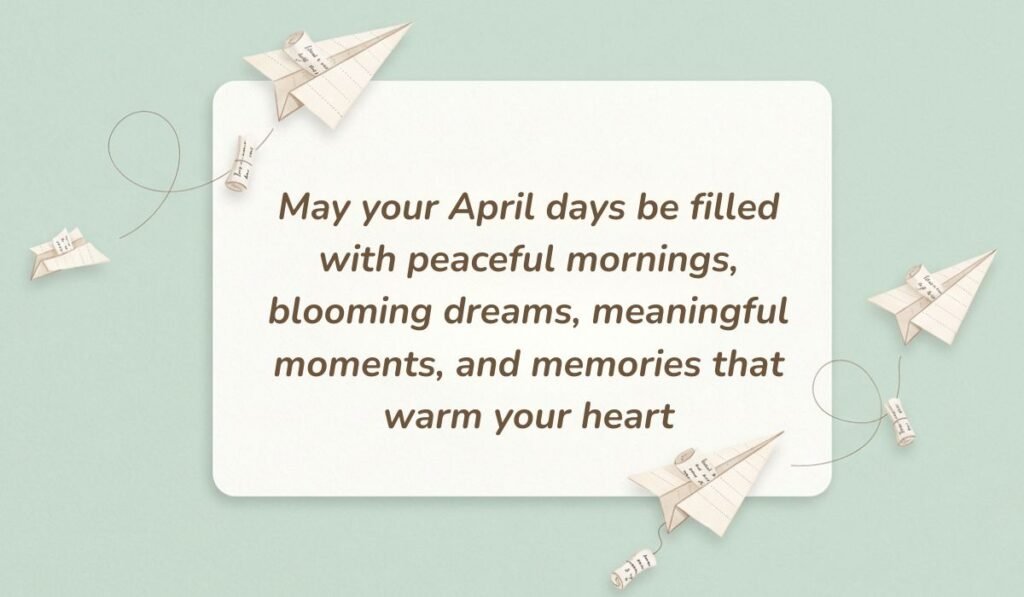 Light mint green background styled with paper airplanes and rolled message scrolls presenting parents quotes stating, "May your April days be filled with peaceful mornings, blooming dreams, meaningful moments, and memories that warm your heart"