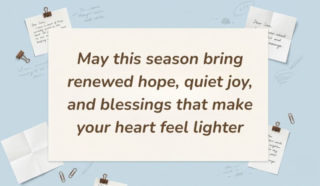 Light blue desk setting with pinned handwritten notes and paperclips showcasing fall blessings quotes stating, "May this season bring renewed hope, quiet joy, and blessings that make your heart feel lighter"