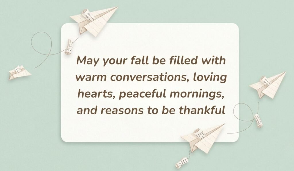 Light mint green background decorated with paper airplanes and tiny rolled message scrolls presenting fall blessings quotes stating, "May your fall be filled with warm conversations, loving hearts, peaceful mornings, and reasons to be thankful"