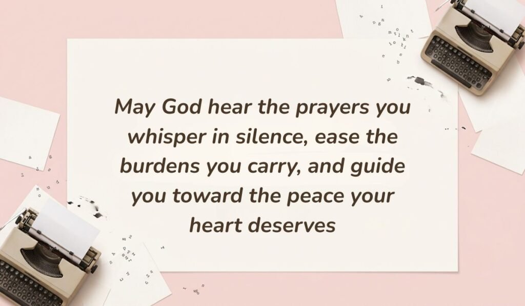 Blush pink workspace background with vintage typewriters and typed paper slips featuring friday blessings stating, "May God hear the prayers you whisper in silence, ease the burdens you carry, and guide you toward the peace your heart deserves"