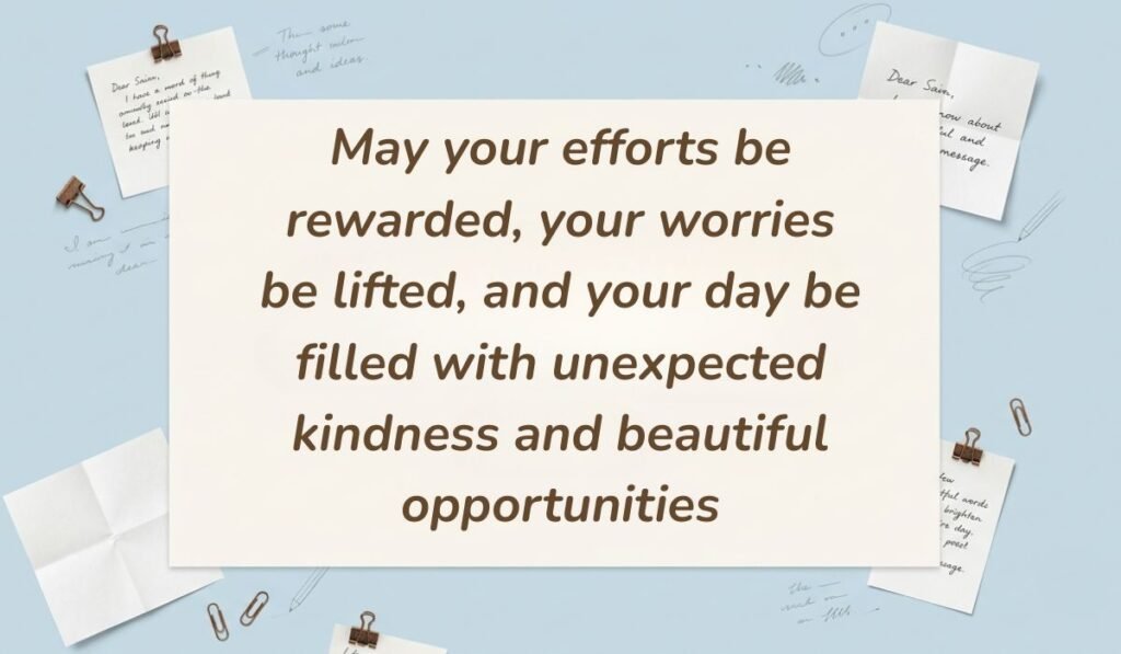 Light blue workspace layout decorated with pinned handwritten notes and paperclips showcasing friday blessings stating, "May your efforts be rewarded, your worries be lifted, and your day be filled with unexpected kindness and beautiful opportunities"