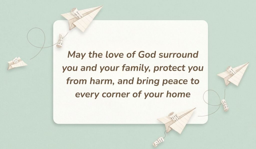 Light mint green background styled with paper airplanes and rolled message scrolls presenting friday blessings stating, "May the love of God surround you and your family, protect you from harm, and bring peace to every corner of your home"