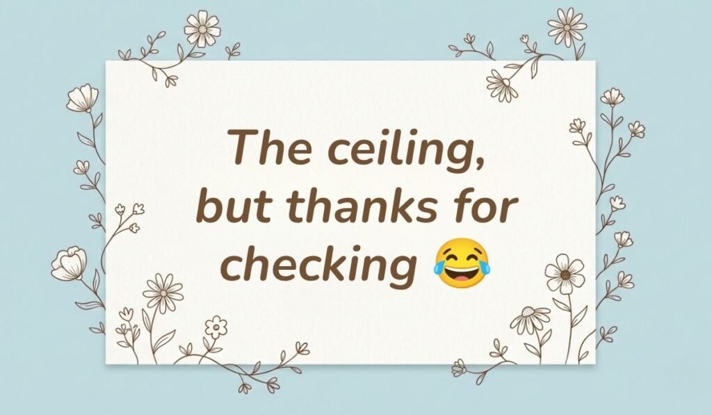 Light blue card framed with floral line art illustration displaying funny responses to what's up reading, "The ceiling, but thanks for checking 😂"