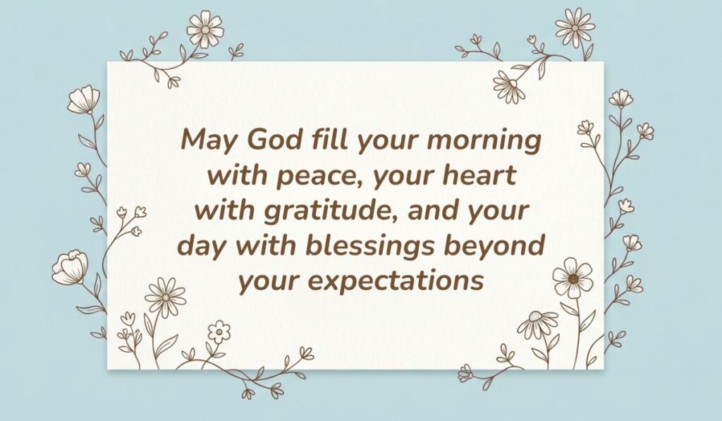 Soft light blue background with a floral-bordered white card displaying good morning blessings reading, "May God fill your morning with peace, your heart with gratitude, and your day with blessings beyond your expectations"