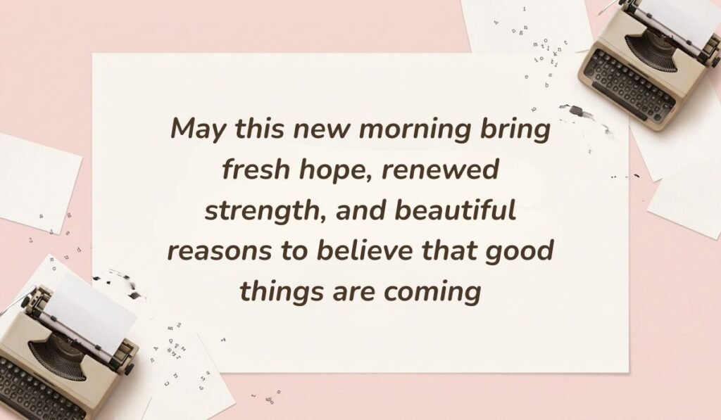 Soft pink workspace background with vintage typewriters and typed paper slips featuring good morning blessings stating, "May this new morning bring fresh hope, renewed strength, and beautiful reasons to believe that good things are coming"