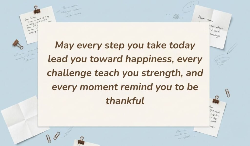 Light blue workspace setting surrounded by pinned handwritten notes and paperclips showcasing good morning blessings stating, "May every step you take today lead you toward happiness, every challenge teach you strength, and every moment remind you to be thankful"