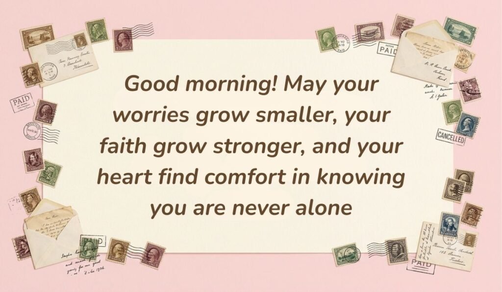 Soft pink backdrop framed with vintage postmarked envelopes and postage stamps displaying good morning blessings reading, "Good morning! May your worries grow smaller, your faith grow stronger, and your heart find comfort in knowing you are never alone"