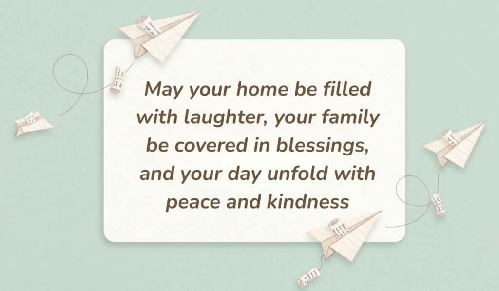 Light mint green background styled with paper airplanes and small message scrolls presenting good morning blessings stating, "May your home be filled with laughter, your family be covered in blessings, and your day unfold with peace and kindness"