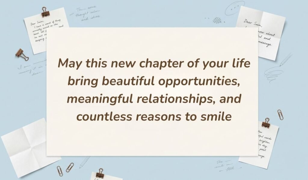 Light blue workspace setting decorated with pinned handwritten notes and paperclips displaying happy birthday blessings stating, "May this new chapter of your life bring beautiful opportunities, meaningful relationships, and countless reasons to smile"