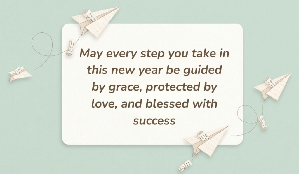 Mint green background styled with paper airplanes and small message scrolls presenting happy birthday blessings stating, "May every step you take in this new year be guided by grace, protected by love, and blessed with success"