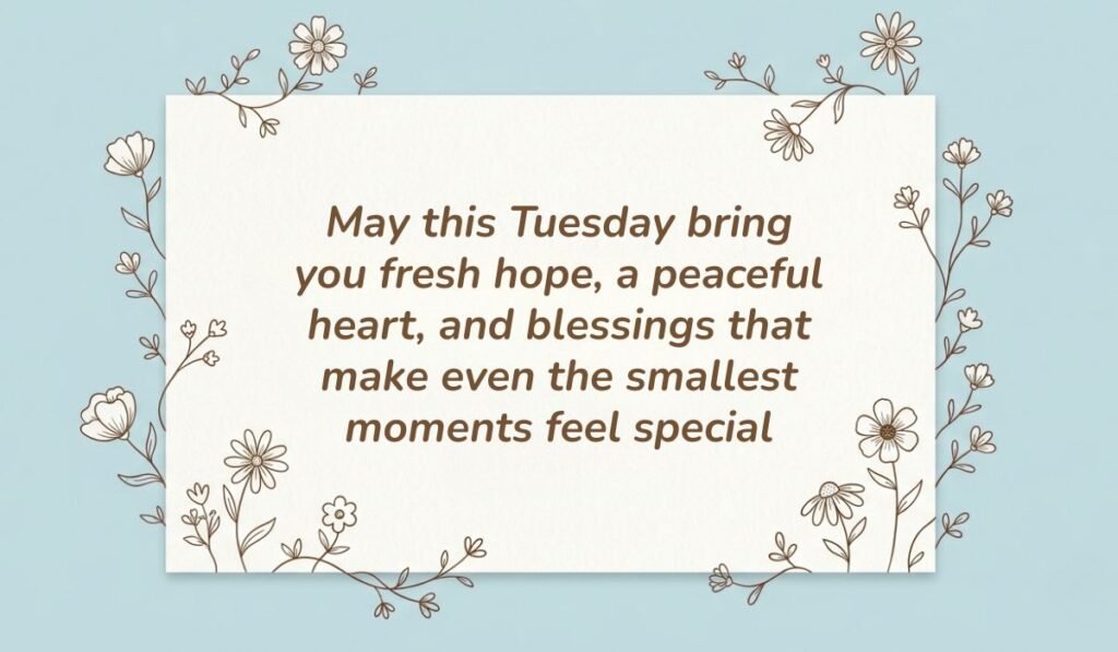 Soft light blue background with a white card framed by delicate floral line art displaying happy tuesday blessings reading, "May this Tuesday bring you fresh hope, a peaceful heart, and blessings that make even the smallest moments feel special"