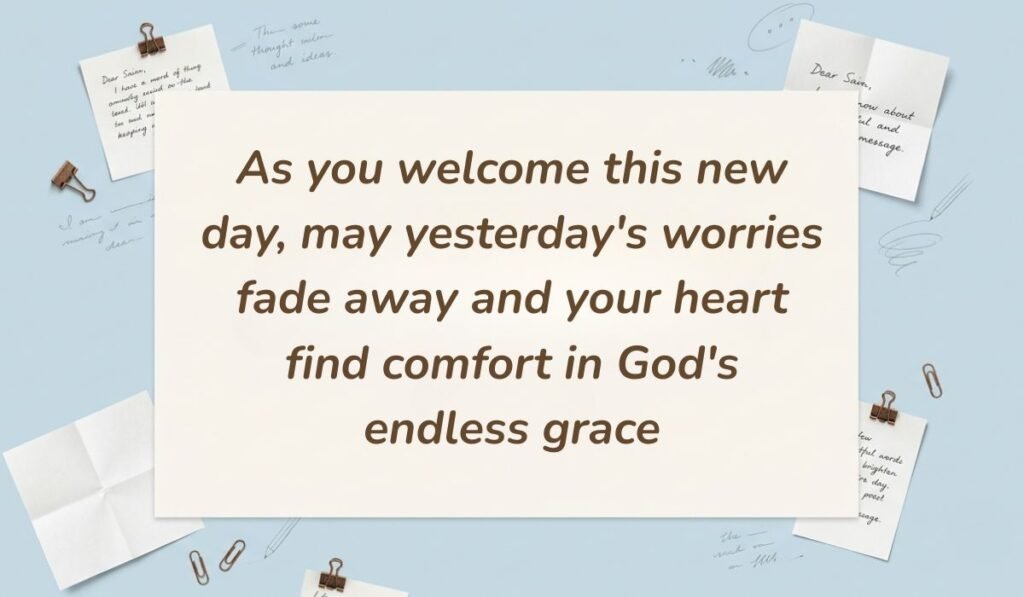 Light blue workspace layout decorated with pinned handwritten notes and paperclips showcasing happy tuesday blessings stating, "As you welcome this new day, may yesterday's worries fade away and your heart find comfort in God's endless grace"