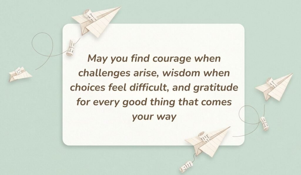 Light mint green background styled with paper airplanes and rolled message scrolls presenting happy tuesday blessings stating, "May you find courage when challenges arise, wisdom when choices feel difficult, and gratitude for every good thing that comes your way"