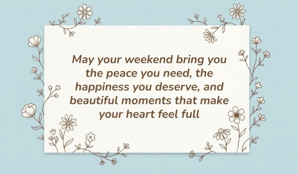 Soft light blue background with a white card framed by delicate floral line art displaying have a great weekend quotes reading, "May your weekend bring you the peace you need, the happiness you deserve, and beautiful moments that make your heart feel full"