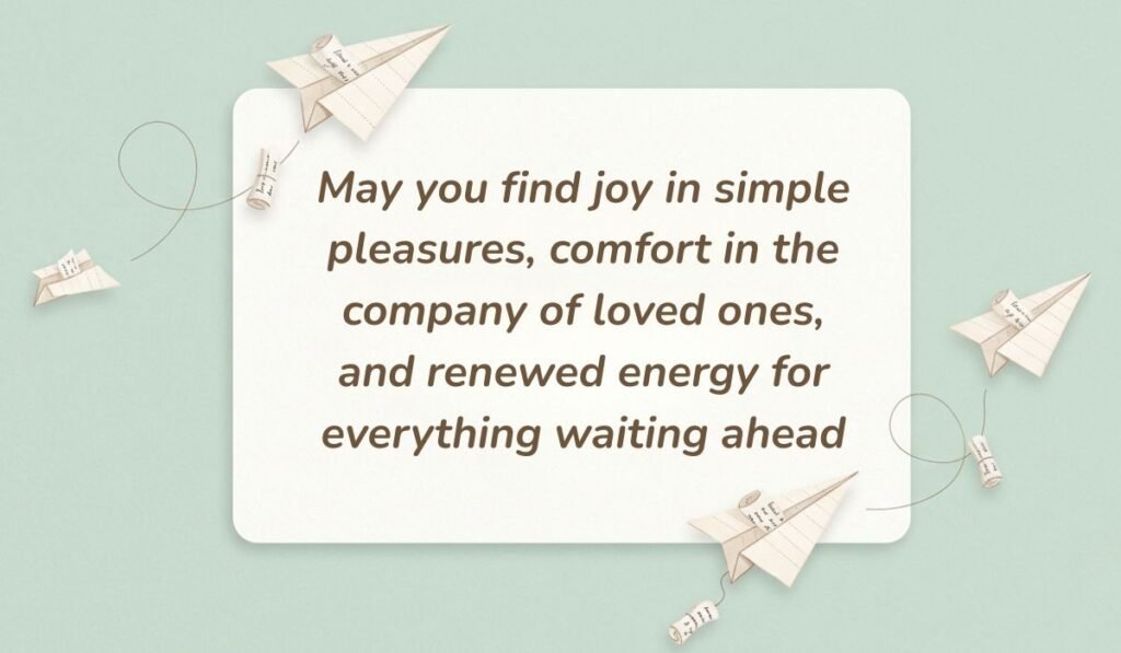 Light mint green background styled with paper airplanes and rolled message scrolls presenting have a great weekend quotes stating, "May you find joy in simple pleasures, comfort in the company of loved ones, and renewed energy for everything waiting ahead"
