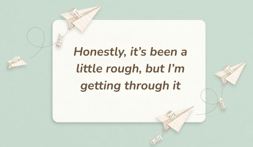 Mint green background decorated with paper airplanes and message scrolls displaying how to reply to how's it going stating, "Honestly, it's been a little rough, but I'm getting through it"